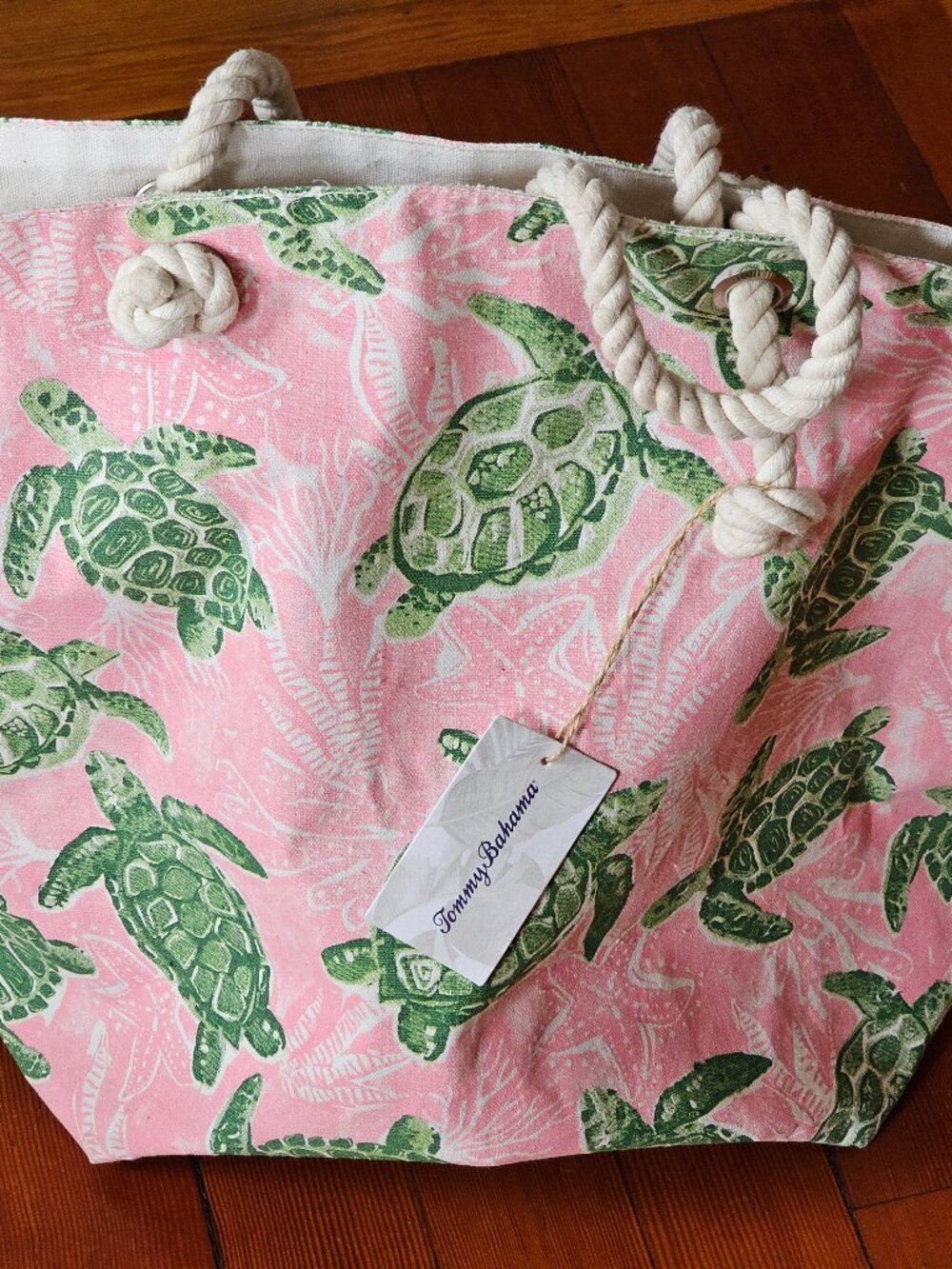 Tommy Bahama Pink Green Sea Turtle Canvas Tote Bag